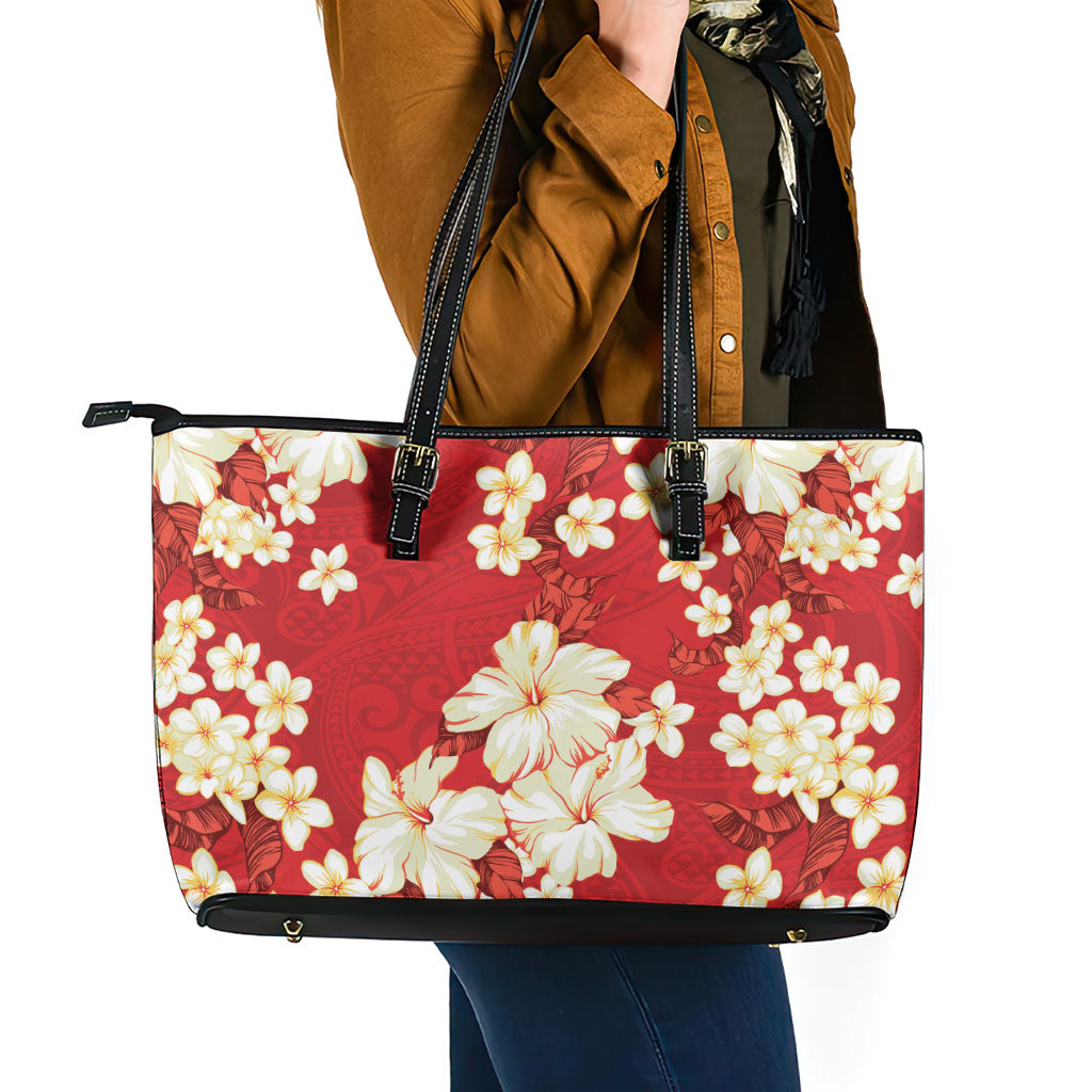 Hawaii Hibiscus Plumeria Red Leather Tote Bag Polynesian Pattern