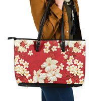 Hawaii Hibiscus Plumeria Red Leather Tote Bag Polynesian Pattern