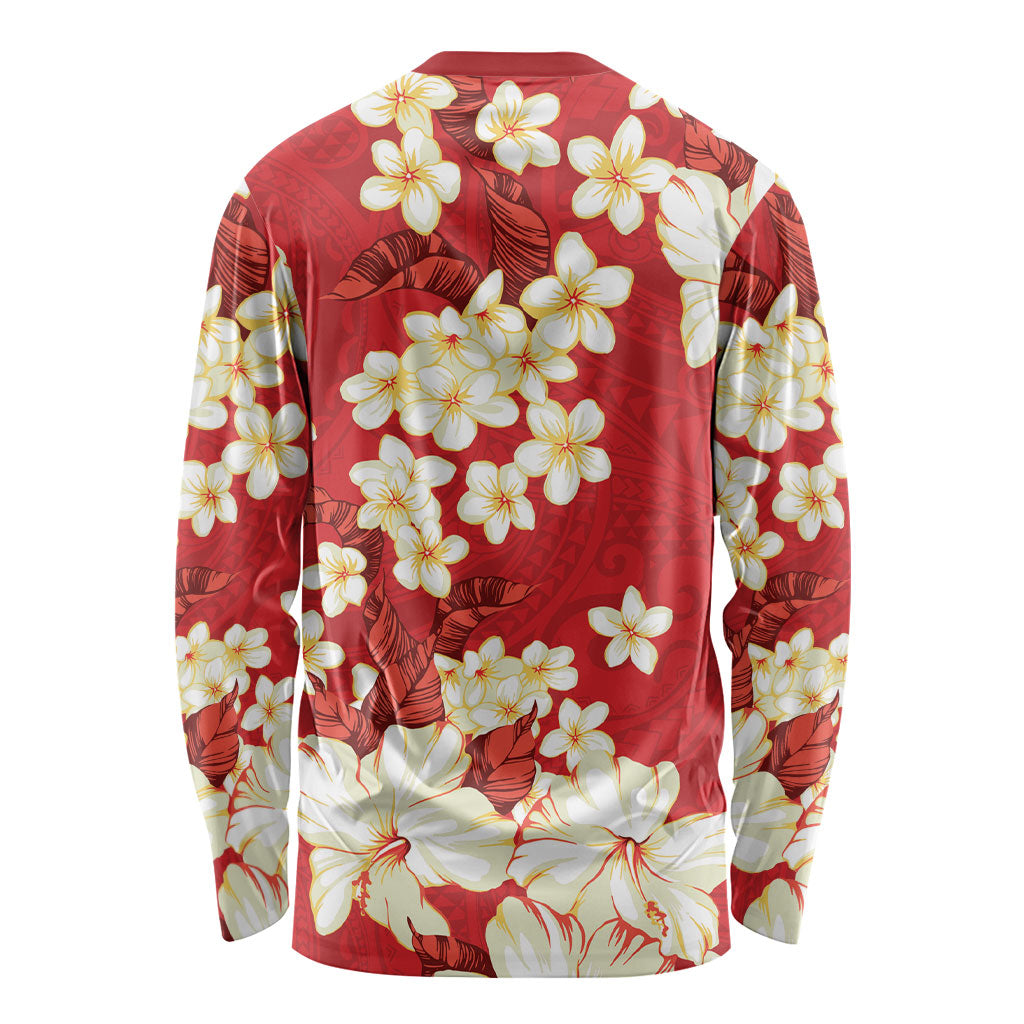 Hawaii Hibiscus Plumeria Red Long Sleeve Shirt Polynesian Pattern