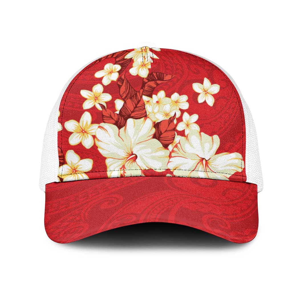 Hawaii Hibiscus Plumeria Red Mesh Trucker Cap Polynesian Pattern