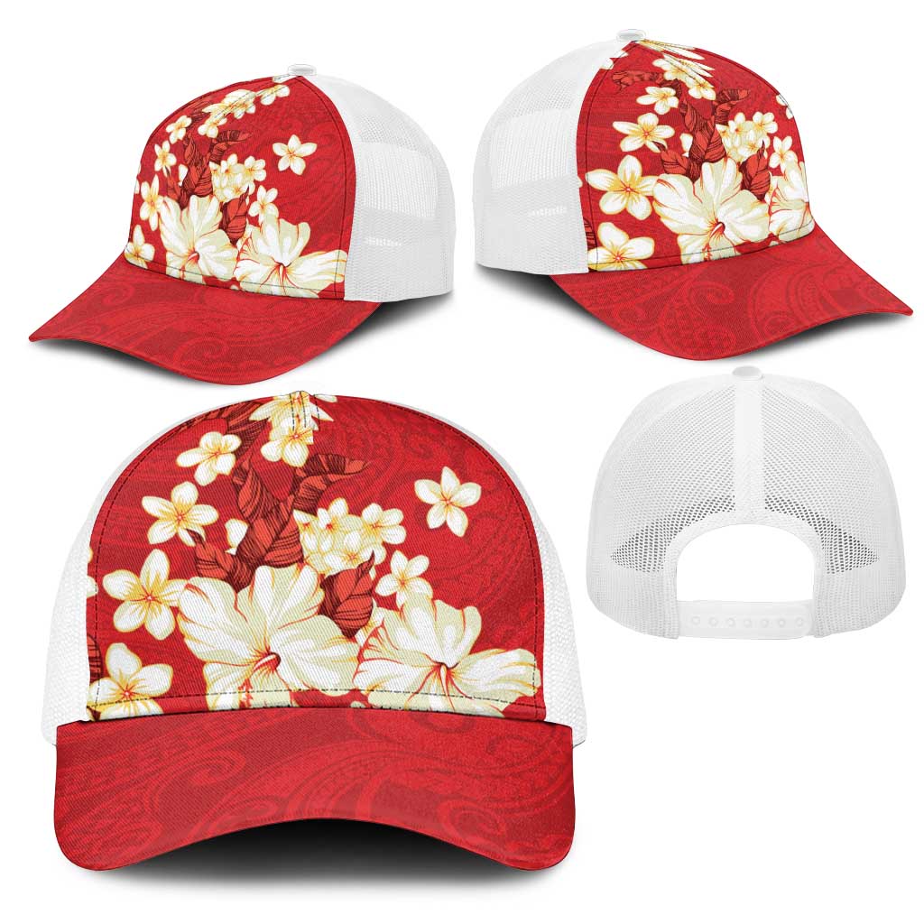 Hawaii Hibiscus Plumeria Red Mesh Trucker Cap Polynesian Pattern