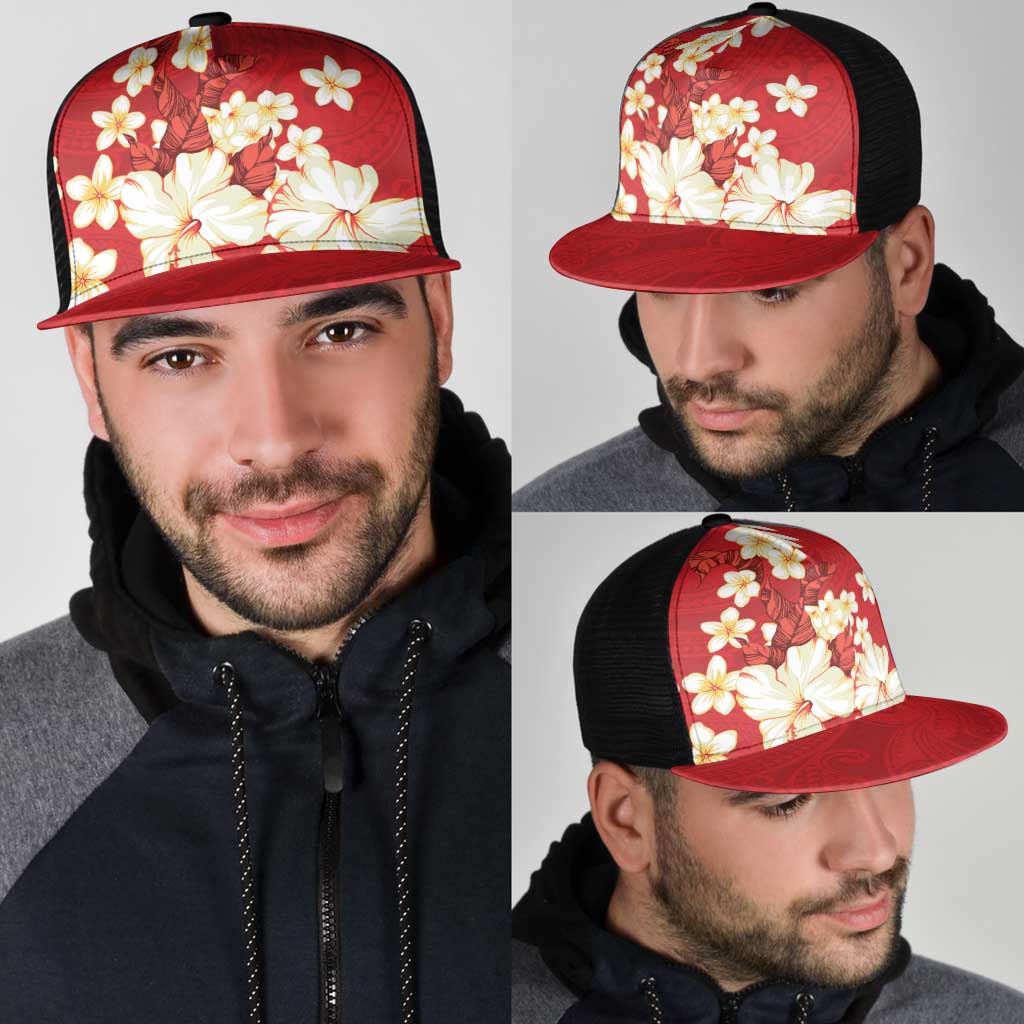 Hawaii Hibiscus Plumeria Red Mesh Trucker Cap Polynesian Pattern
