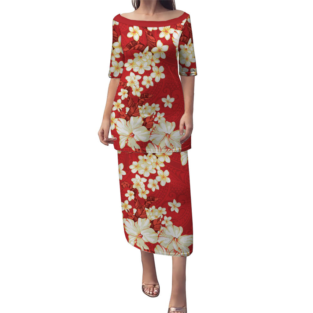 Hawaii Hibiscus Plumeria Red Puletasi Polynesian Pattern