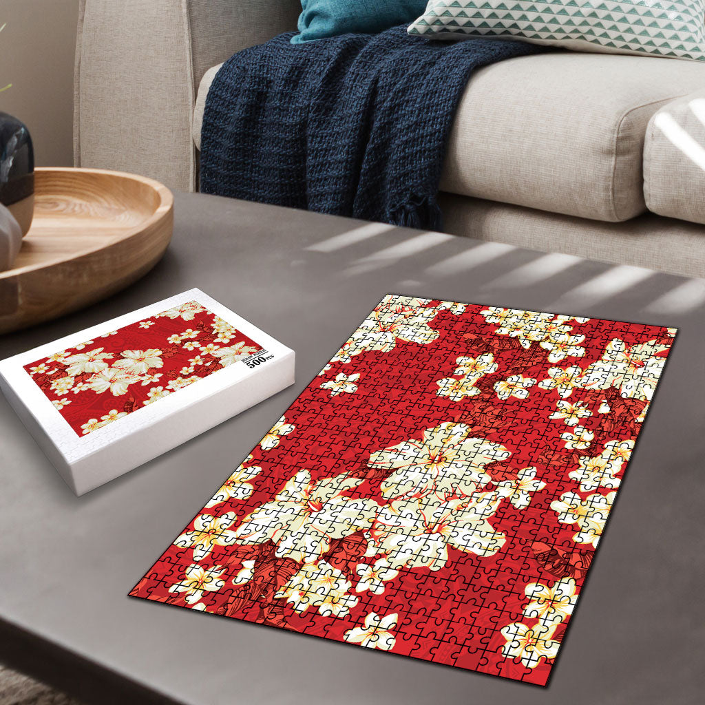 Hawaii Hibiscus Plumeria Red Puzzle Polynesian Pattern
