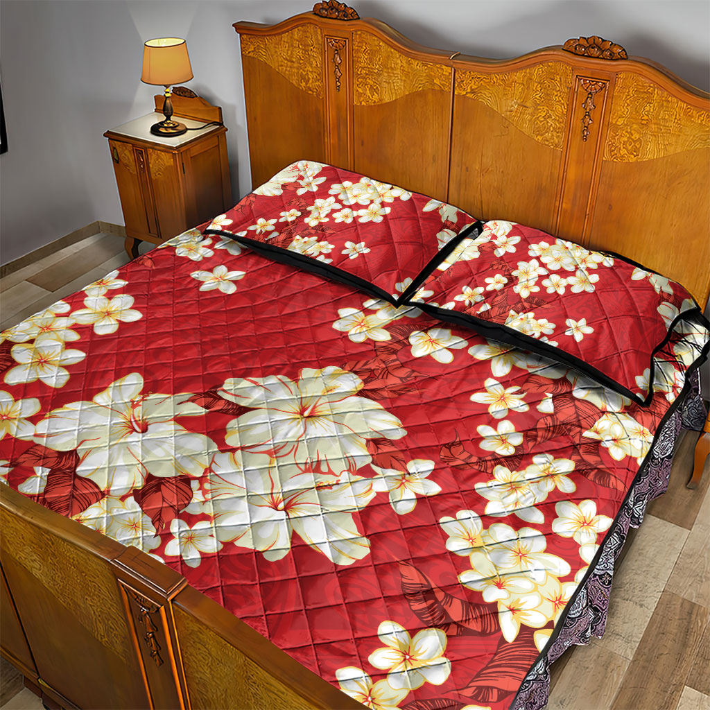 Hawaii Hibiscus Plumeria Red Quilt Bed Set Polynesian Pattern