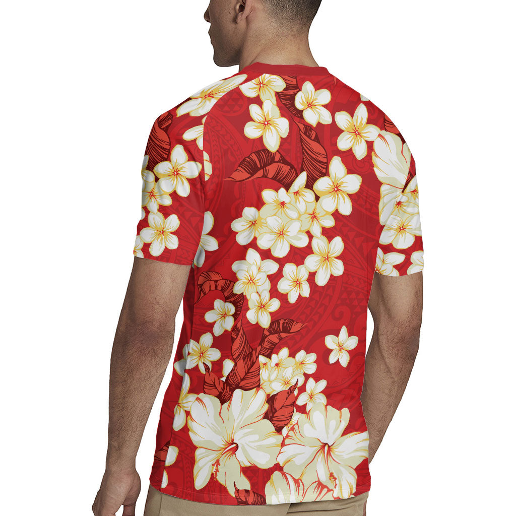 Hawaii Hibiscus Plumeria Red Rugby Jersey Polynesian Pattern