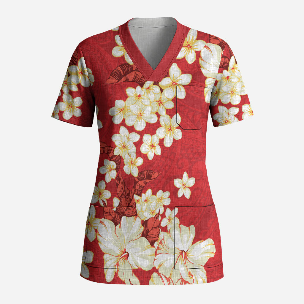 Hawaii Hibiscus Plumeria Red Scrub Top Polynesian Pattern