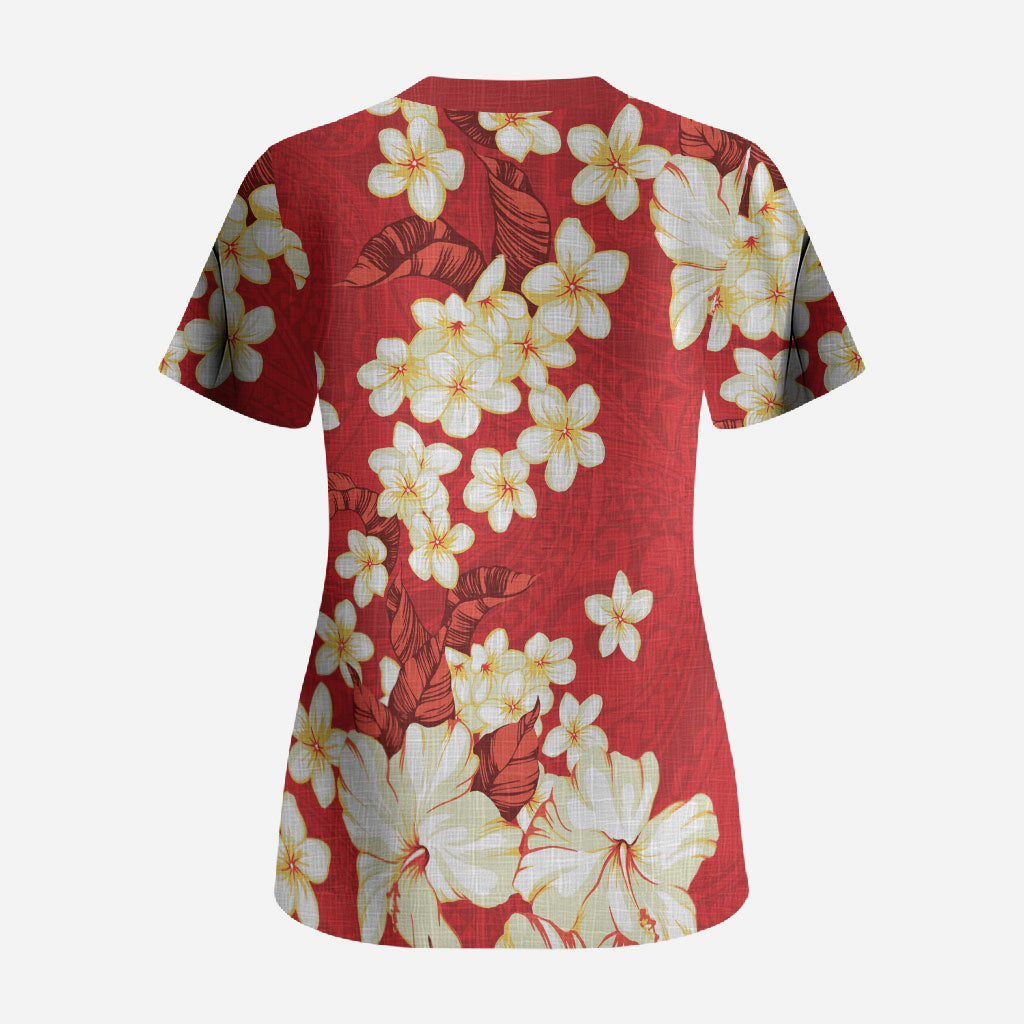 Hawaii Hibiscus Plumeria Red Scrub Top Polynesian Pattern