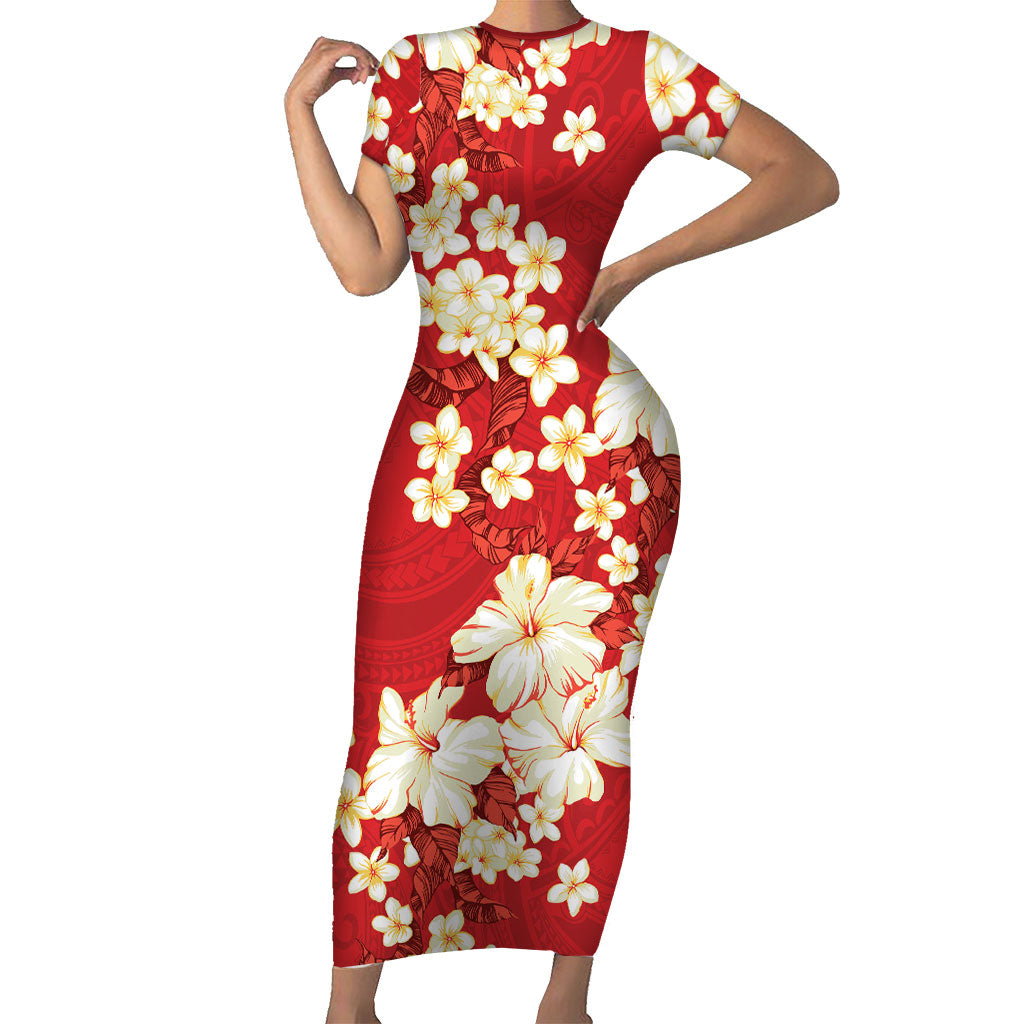Hawaii Hibiscus Plumeria Red Short Sleeve Bodycon Dress Polynesian Pattern