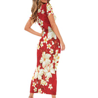 Hawaii Hibiscus Plumeria Red Short Sleeve Bodycon Dress Polynesian Pattern