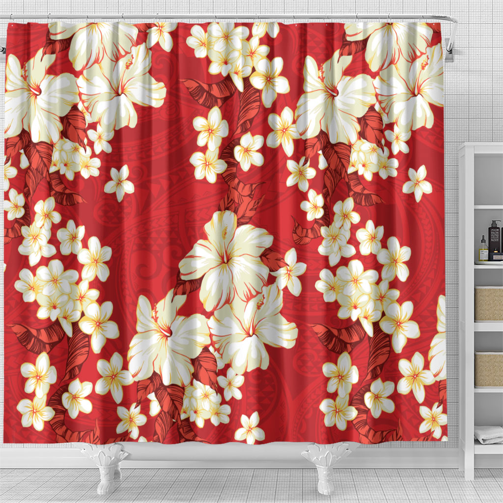 Hawaii Hibiscus Plumeria Red Shower Curtain Polynesian Pattern