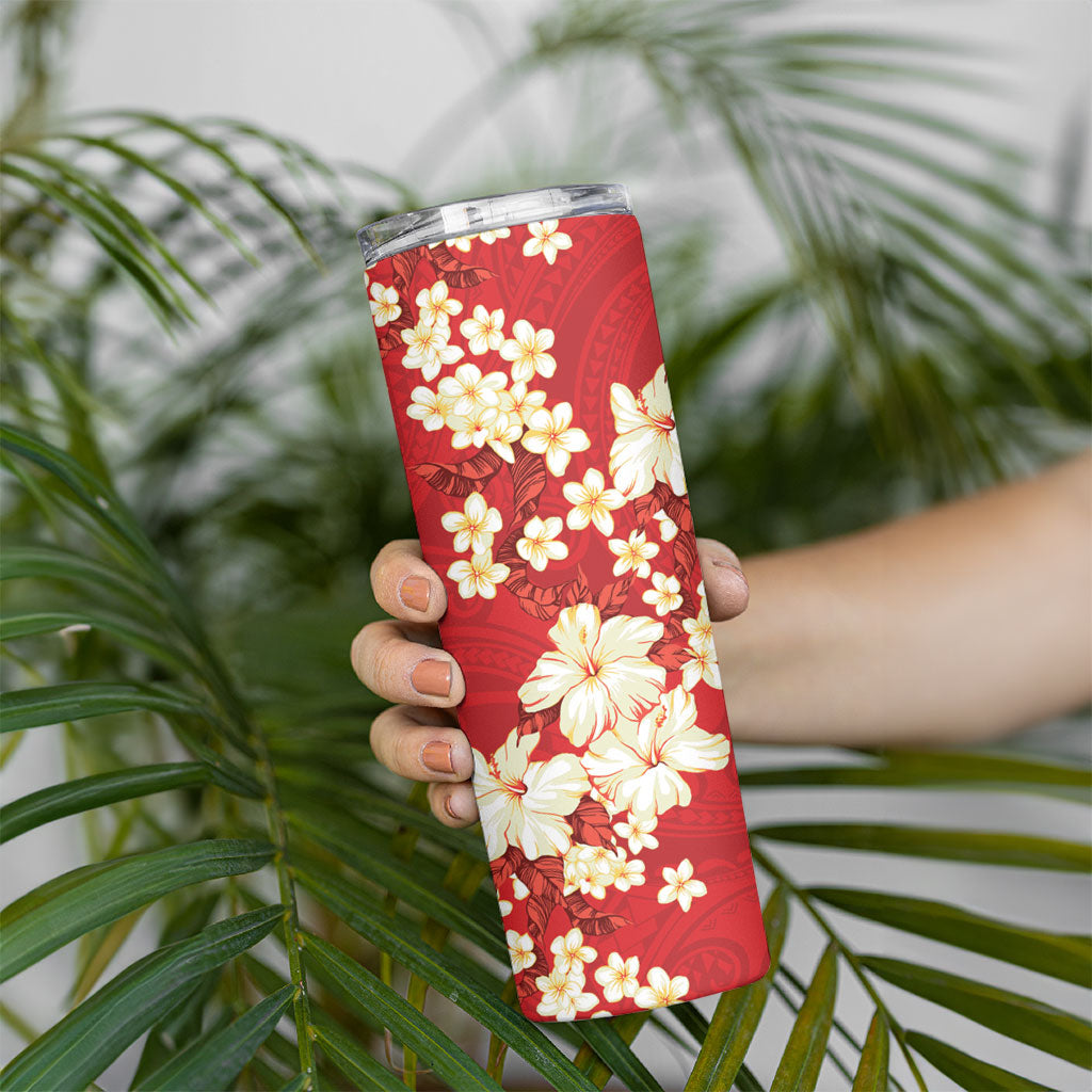 Hawaii Hibiscus Plumeria Red Skinny Tumbler Polynesian Pattern