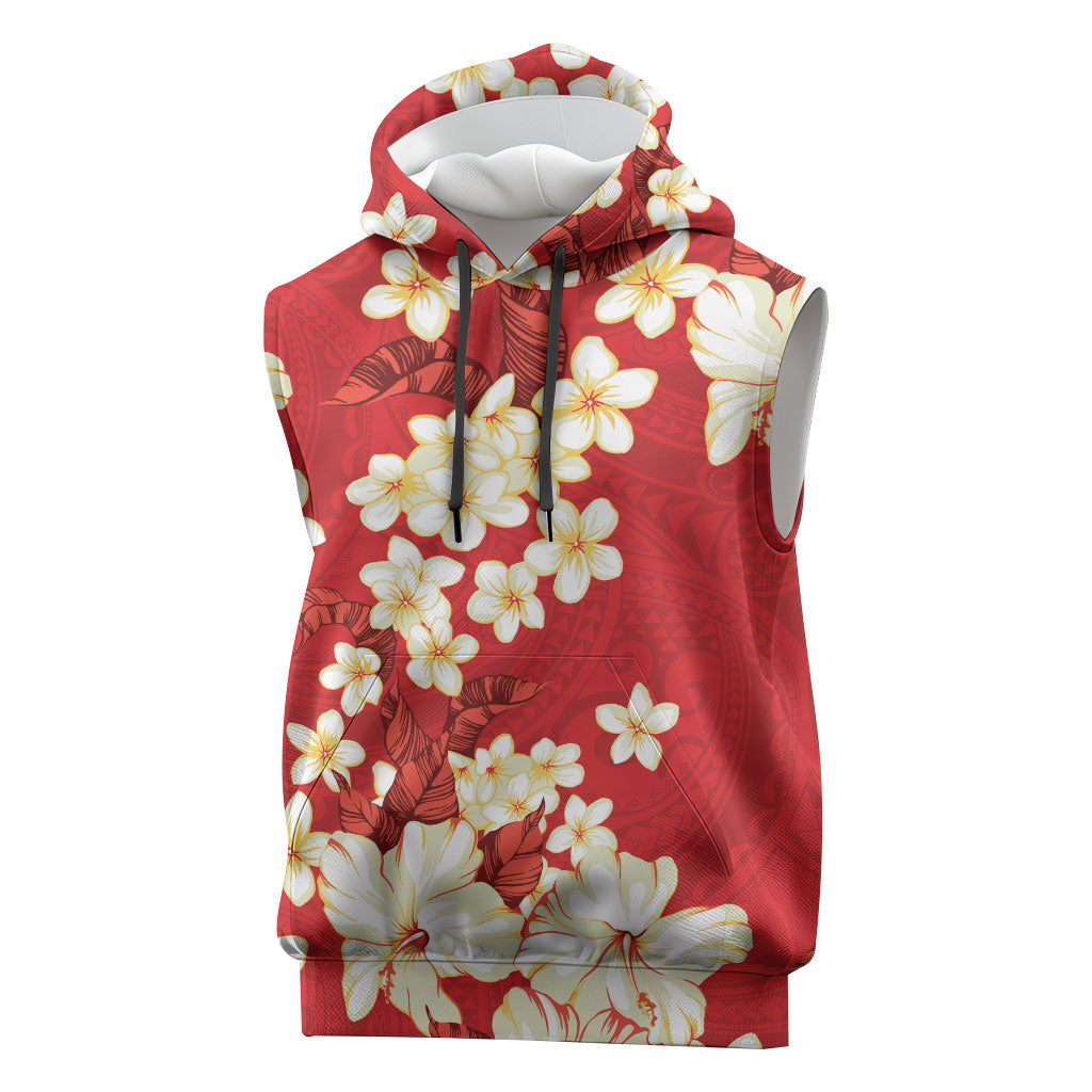 Hawaii Hibiscus Plumeria Red Sleeveless Hoodie Polynesian Pattern