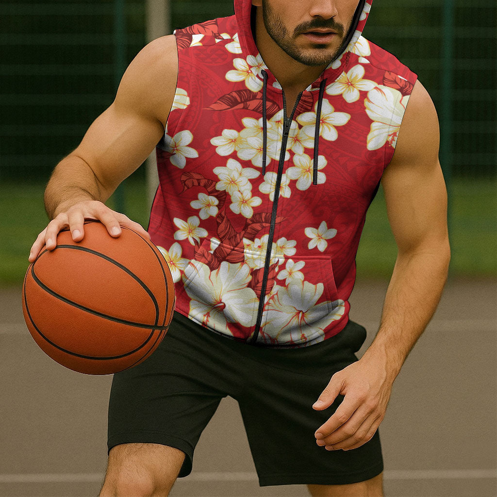 Hawaii Hibiscus Plumeria Red Sleeveless Zip Hoodie Polynesian Pattern