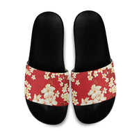 Hawaii Hibiscus Plumeria Red Slide Sandals Polynesian Pattern