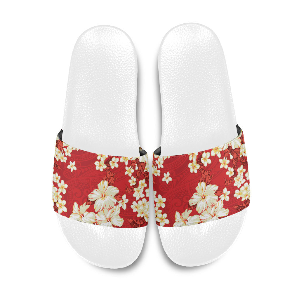 Hawaii Hibiscus Plumeria Red Slide Sandals Polynesian Pattern