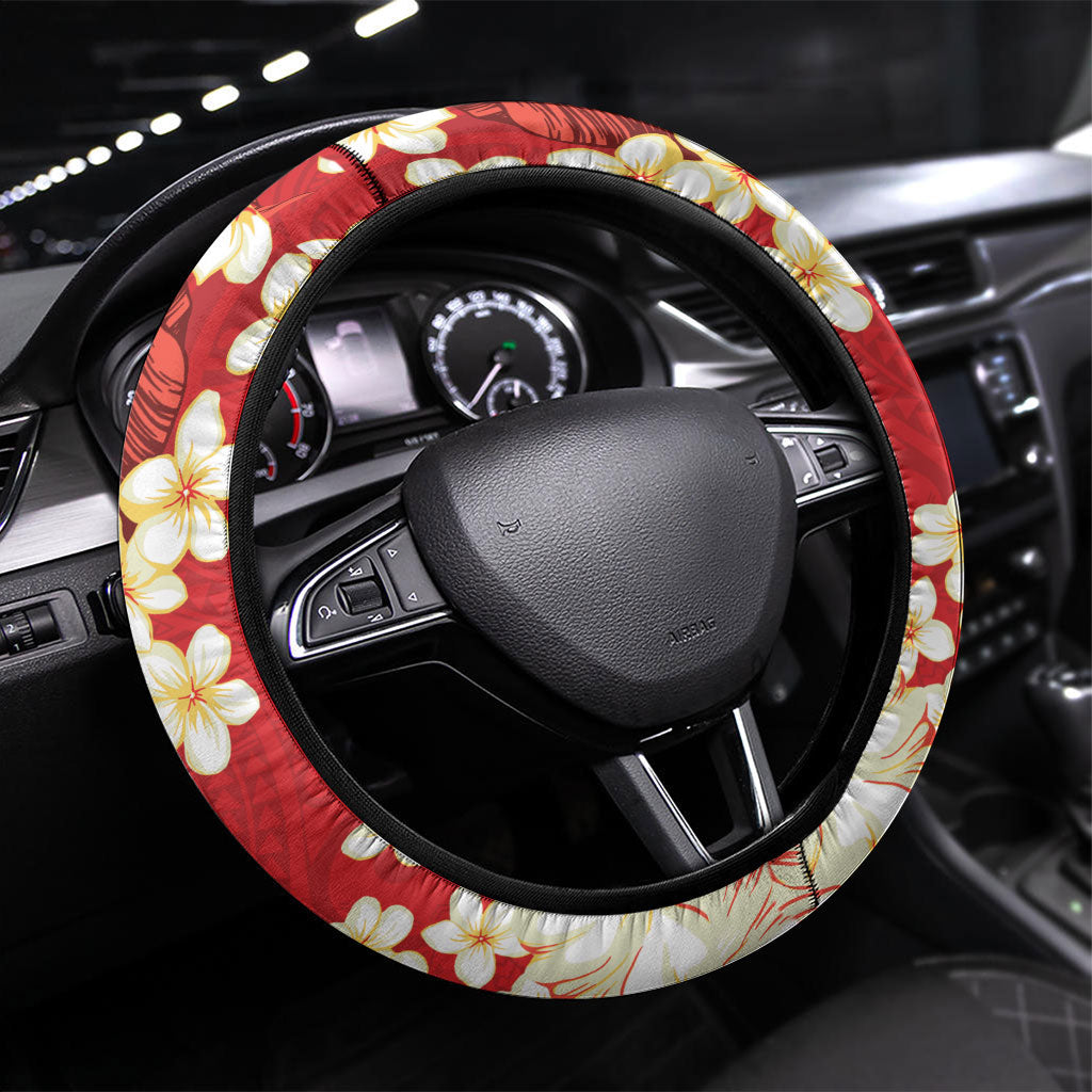 Hawaii Hibiscus Plumeria Red Steering Wheel Cover Polynesian Pattern
