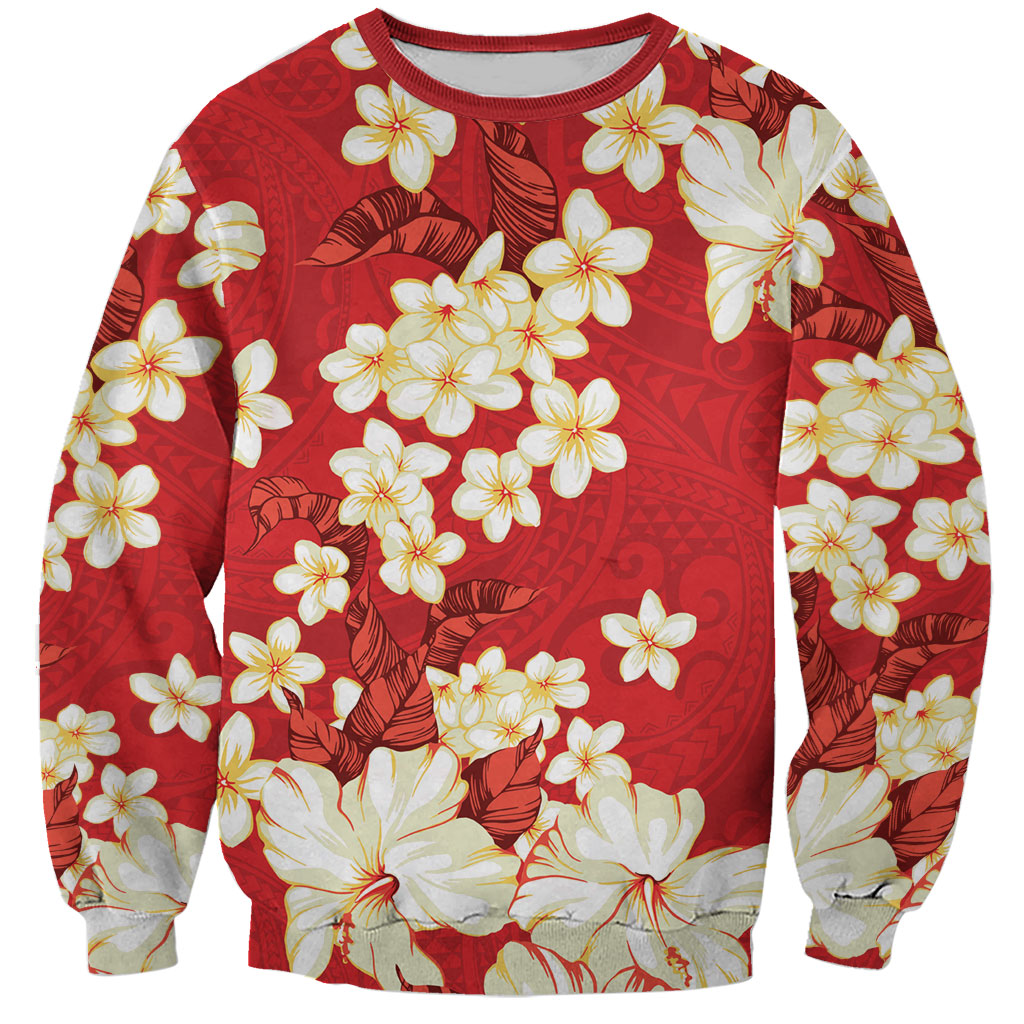 Hawaii Hibiscus Plumeria Red Sweatshirt Polynesian Pattern
