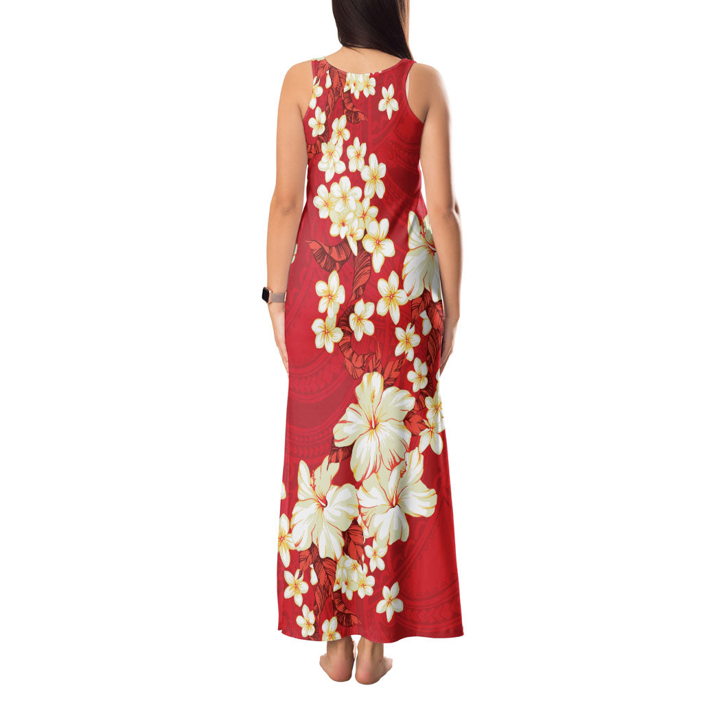Hawaii Hibiscus Plumeria Red Tank Maxi Dress Polynesian Pattern