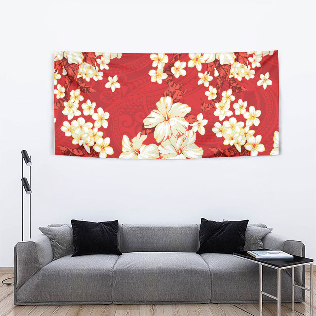 Hawaii Hibiscus Plumeria Red Tapestry Polynesian Pattern