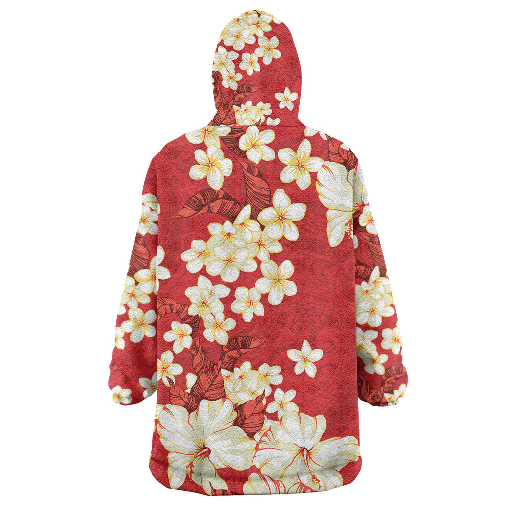 Hawaii Hibiscus Plumeria Red Wearable Blanket Hoodie Polynesian Pattern