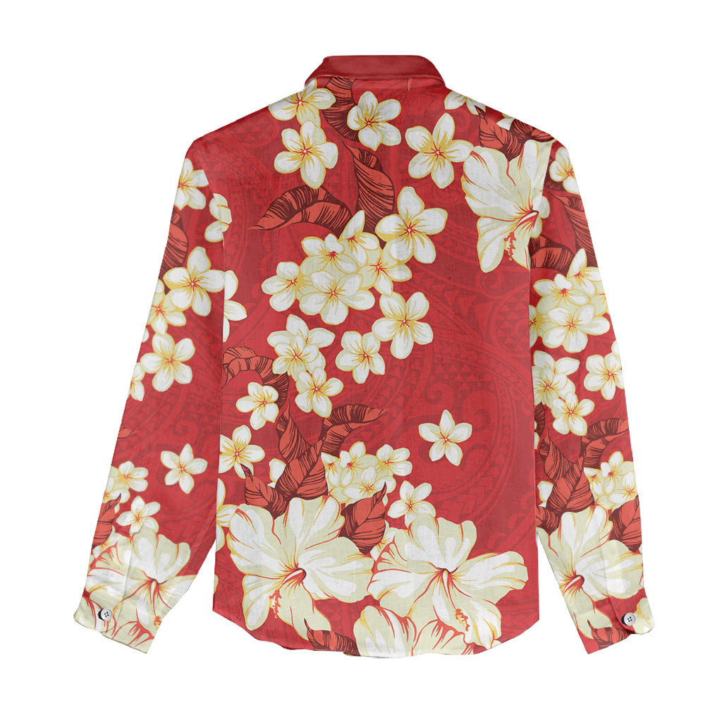 Hawaii Hibiscus Plumeria Red Women Casual Shirt Polynesian Pattern