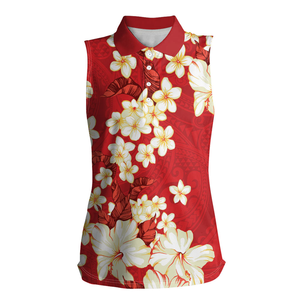 Hawaii Hibiscus Plumeria Red Women Sleeveless Polo Shirt Polynesian Pattern LT01 Female Red - Polynesian Pride