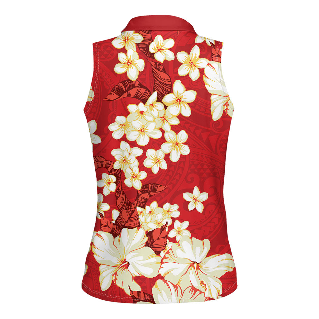 Hawaii Hibiscus Plumeria Red Women Sleeveless Polo Shirt Polynesian Pattern LT01 - Polynesian Pride