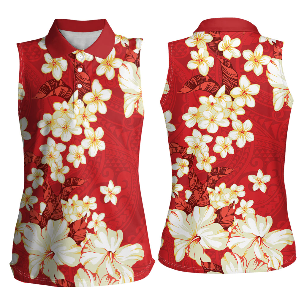 Hawaii Hibiscus Plumeria Red Women Sleeveless Polo Shirt Polynesian Pattern LT01 - Polynesian Pride