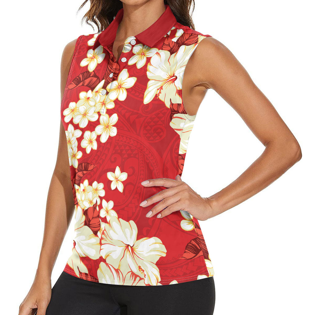 Hawaii Hibiscus Plumeria Red Women Sleeveless Polo Shirt Polynesian Pattern LT01 - Polynesian Pride