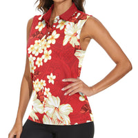Hawaii Hibiscus Plumeria Red Women Sleeveless Polo Shirt Polynesian Pattern LT01 - Polynesian Pride