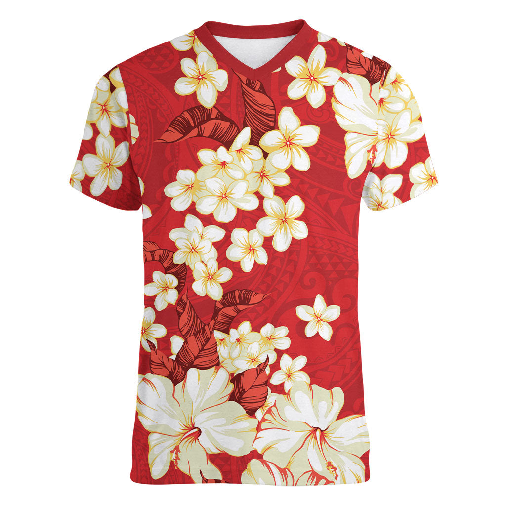 Hawaii Hibiscus Plumeria Red Women V-Neck T-Shirt Polynesian Pattern LT01 Female Red - Polynesian Pride