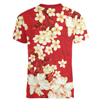 Hawaii Hibiscus Plumeria Red Women V-Neck T-Shirt Polynesian Pattern LT01 - Polynesian Pride