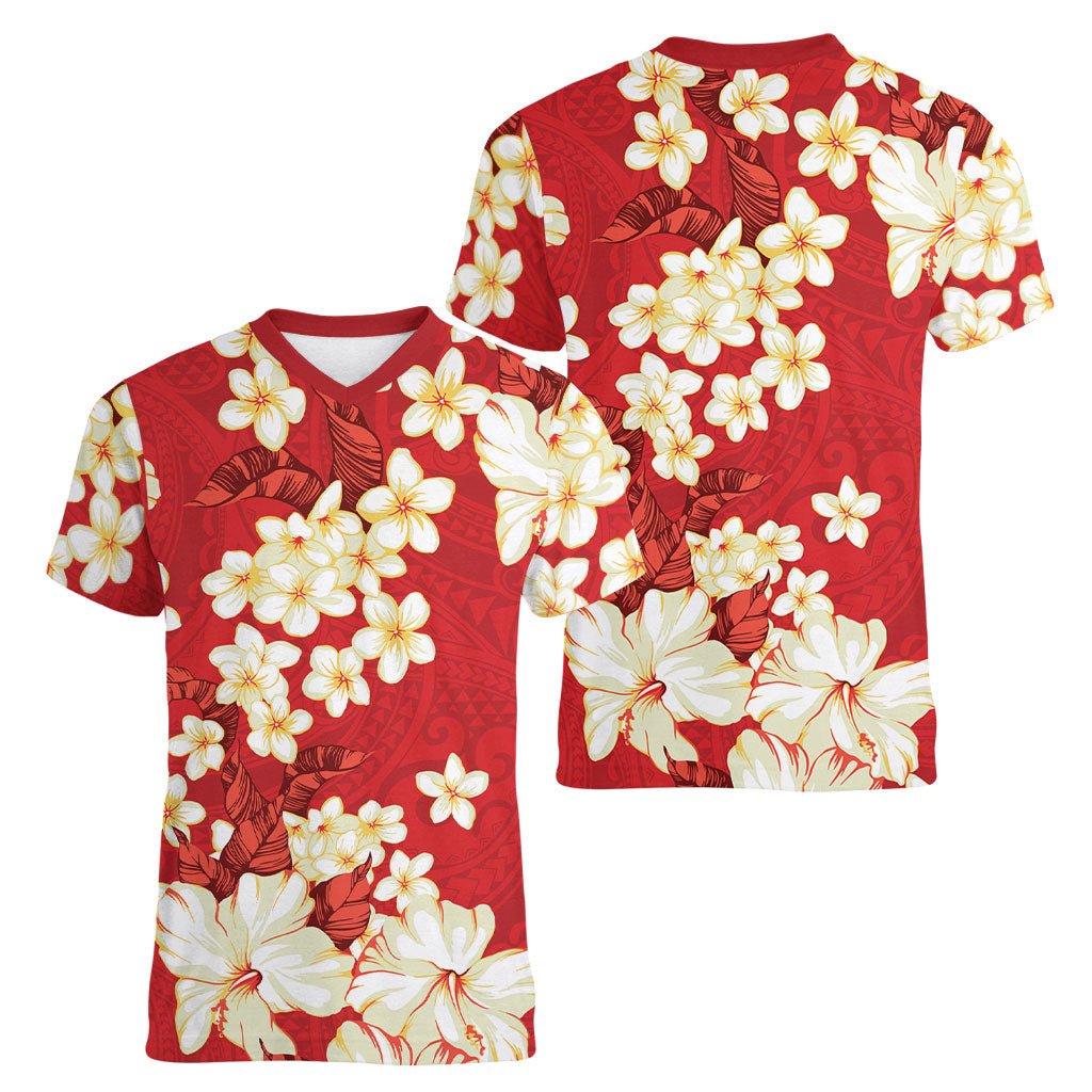 Hawaii Hibiscus Plumeria Red Women V-Neck T-Shirt Polynesian Pattern LT01 - Polynesian Pride