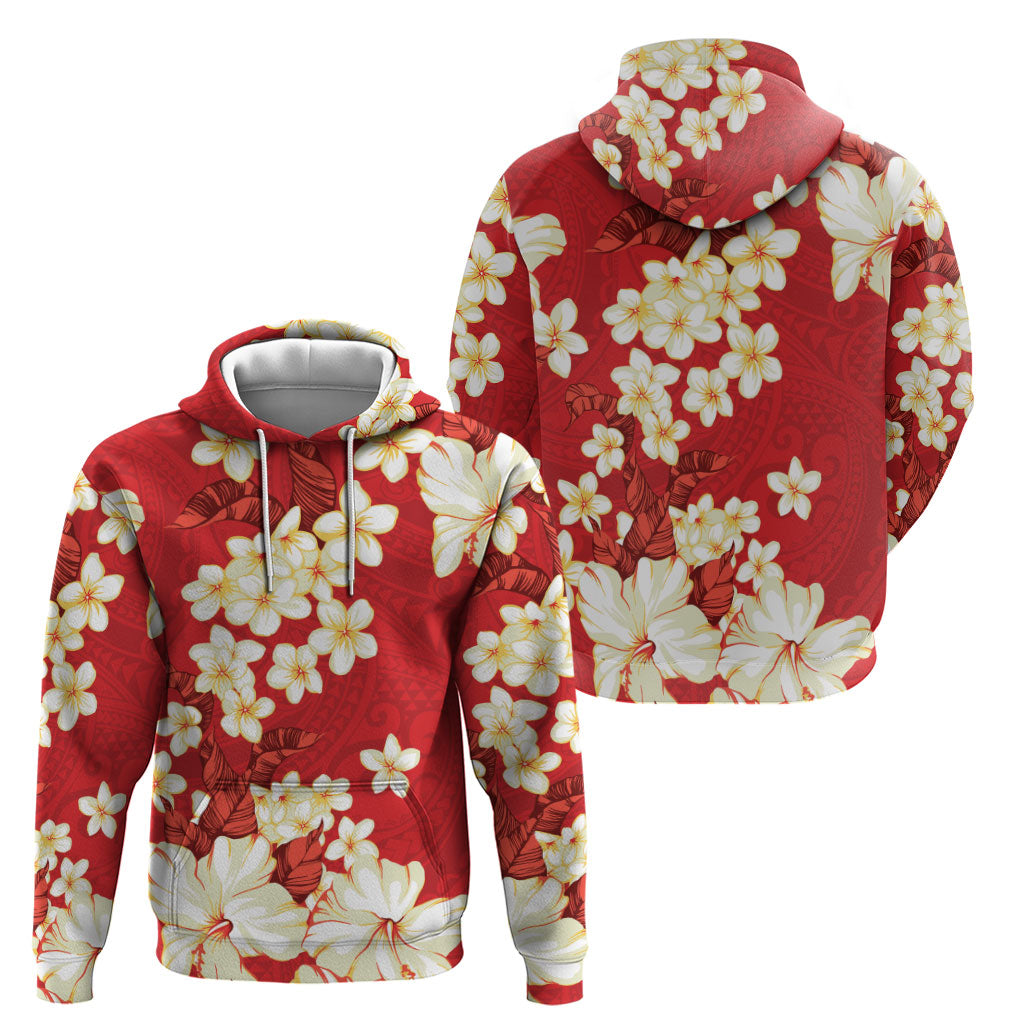 Hawaii Hibiscus Plumeria Red Zip Hoodie Polynesian Pattern