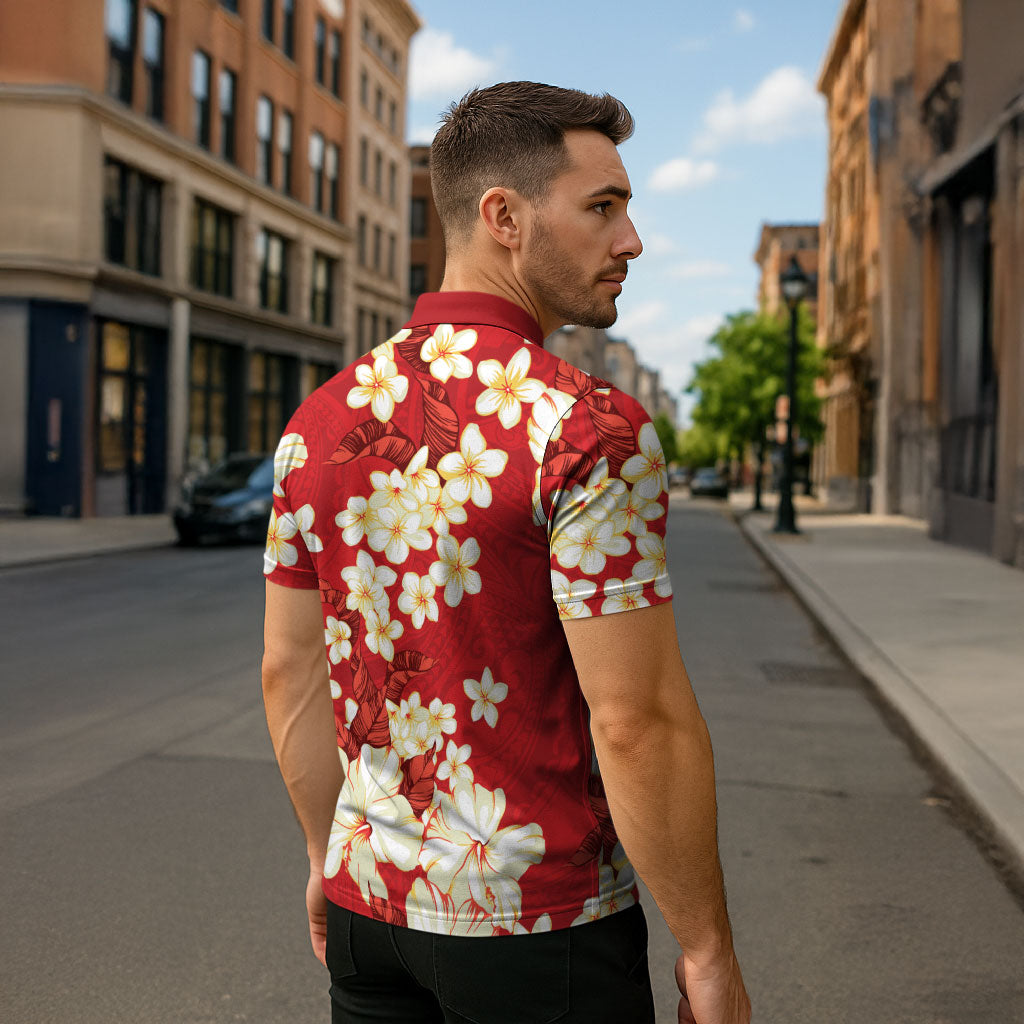 Hawaii Hibiscus Plumeria Red Zipper Polo Shirt Polynesian Pattern