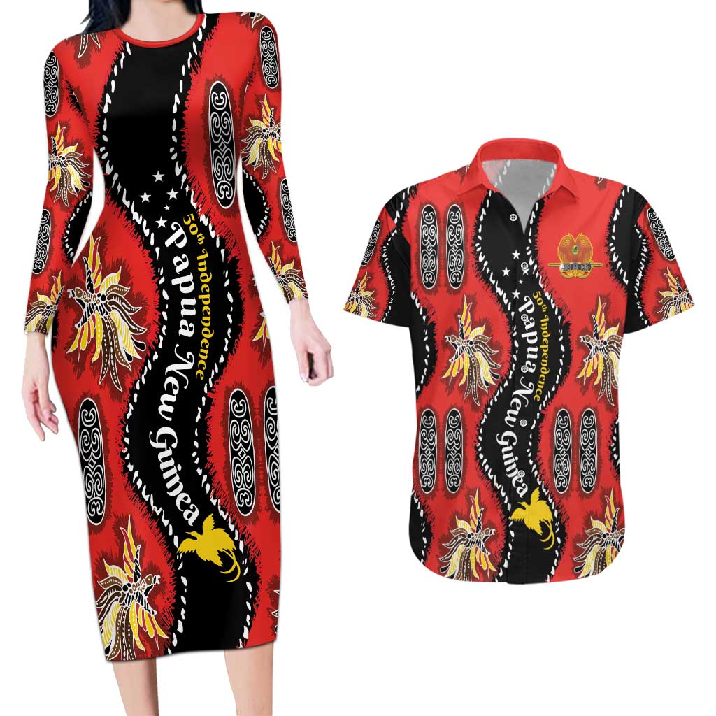 Papua New Guinea 50th Independence Couples Matching Long Sleeve Bodycon Dress and Hawaiian Shirt PNG Batik Pattern - Polynesian Pride