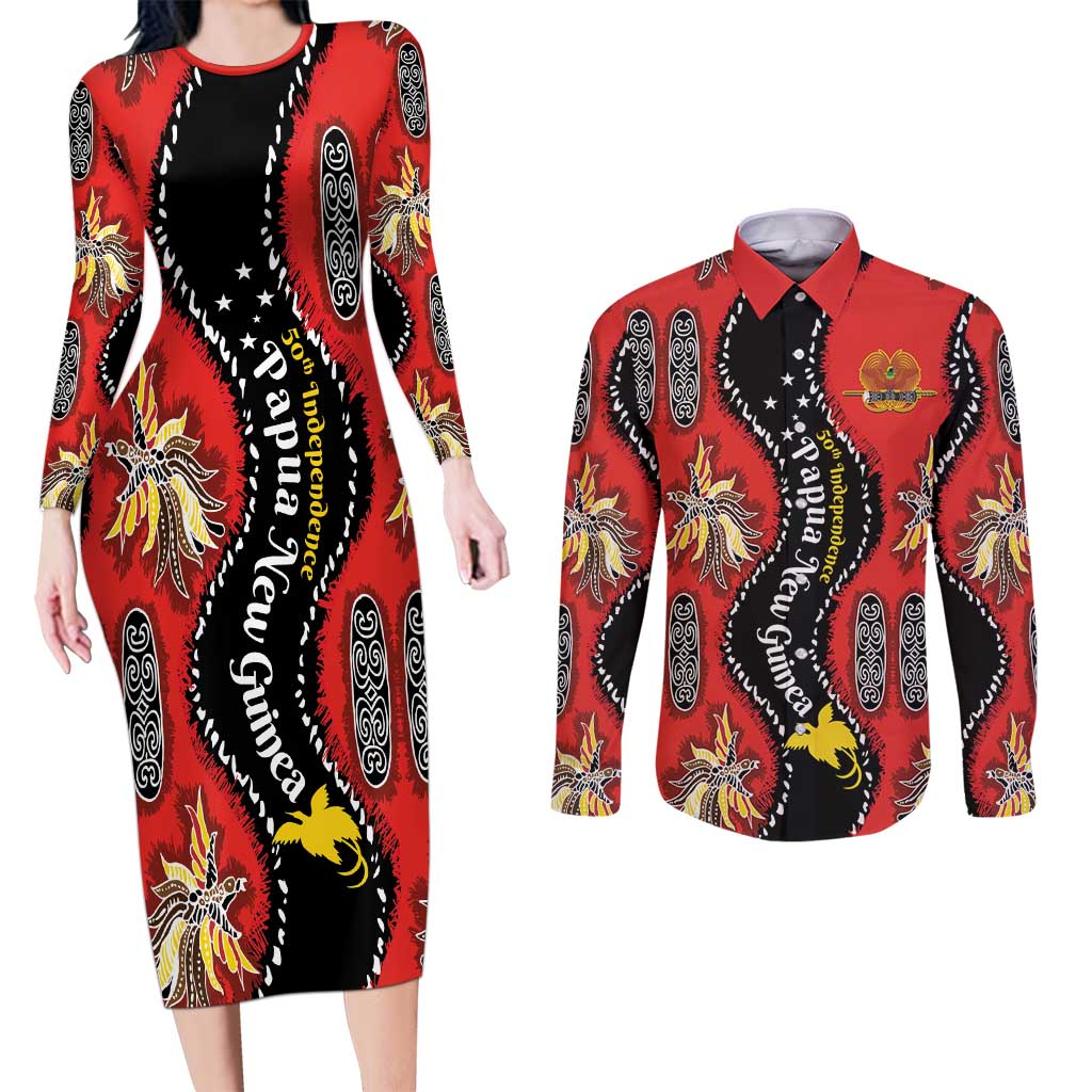 Papua New Guinea 50th Independence Couples Matching Long Sleeve Bodycon Dress and Long Sleeve Button Shirt PNG Batik Pattern - Polynesian Pride