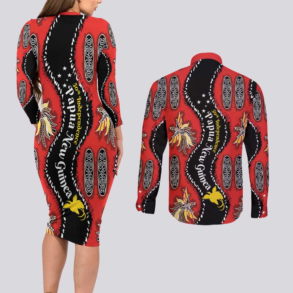 Papua New Guinea 50th Independence Couples Matching Long Sleeve Bodycon Dress and Long Sleeve Button Shirt PNG Batik Pattern - Polynesian Pride