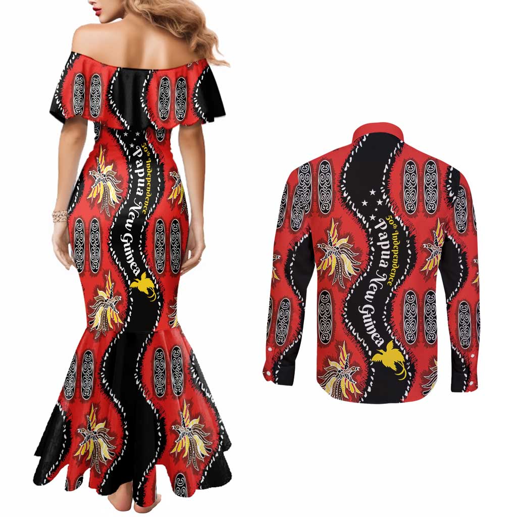 Papua New Guinea 50th Independence Couples Matching Mermaid Dress and Long Sleeve Button Shirt PNG Batik Pattern - Polynesian Pride