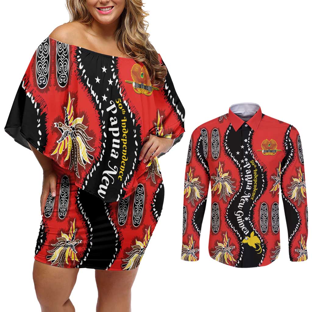 Papua New Guinea 50th Independence Couples Matching Off Shoulder Short Dress and Long Sleeve Button Shirt PNG Batik Pattern - Polynesian Pride