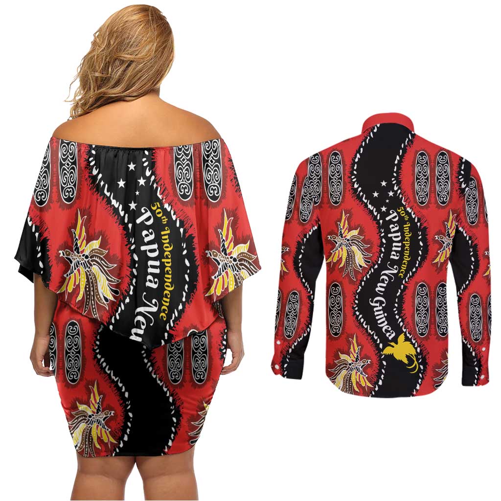 Papua New Guinea 50th Independence Couples Matching Off Shoulder Short Dress and Long Sleeve Button Shirt PNG Batik Pattern - Polynesian Pride