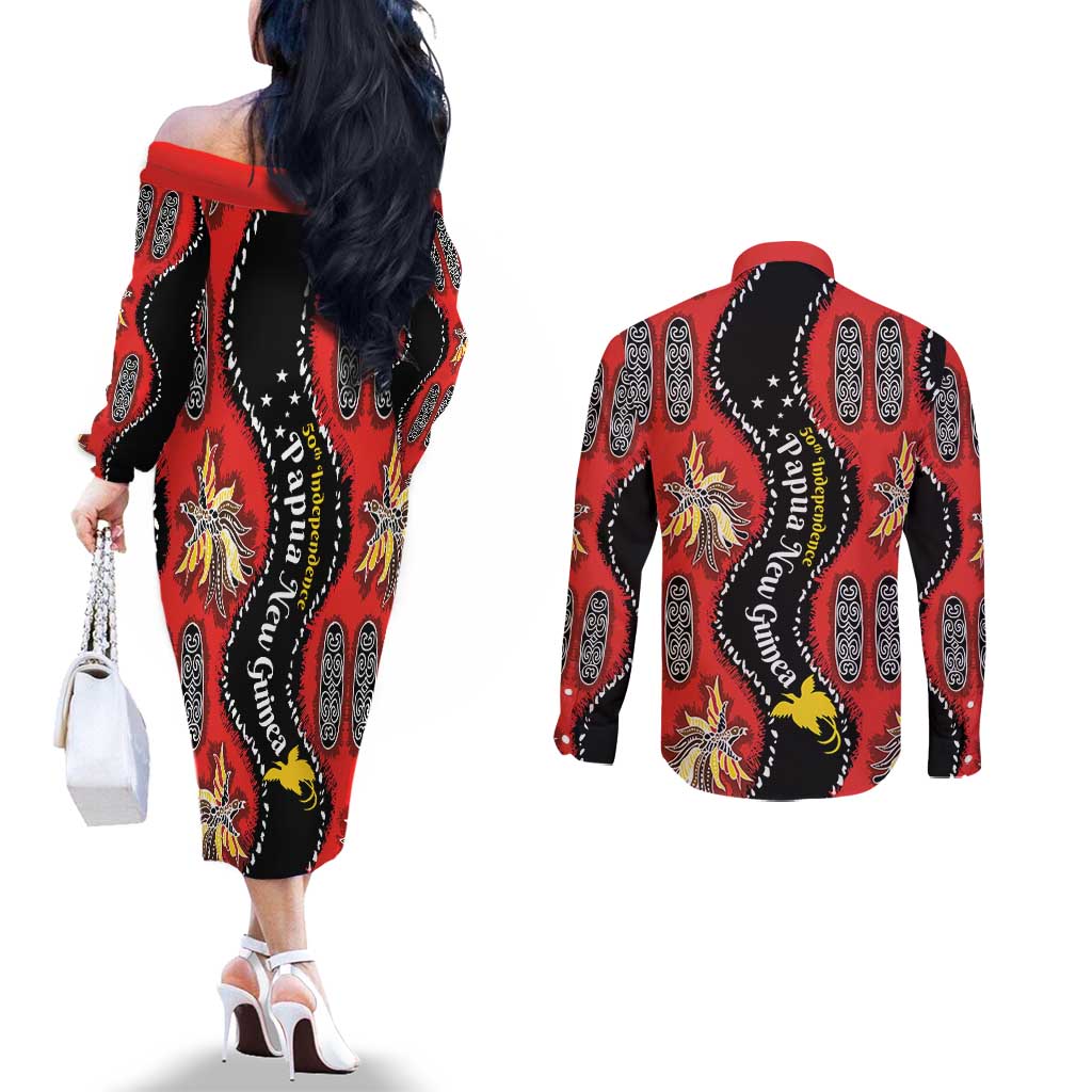 Papua New Guinea 50th Independence Couples Matching Off The Shoulder Long Sleeve Dress and Long Sleeve Button Shirt PNG Batik Pattern - Polynesian Pride