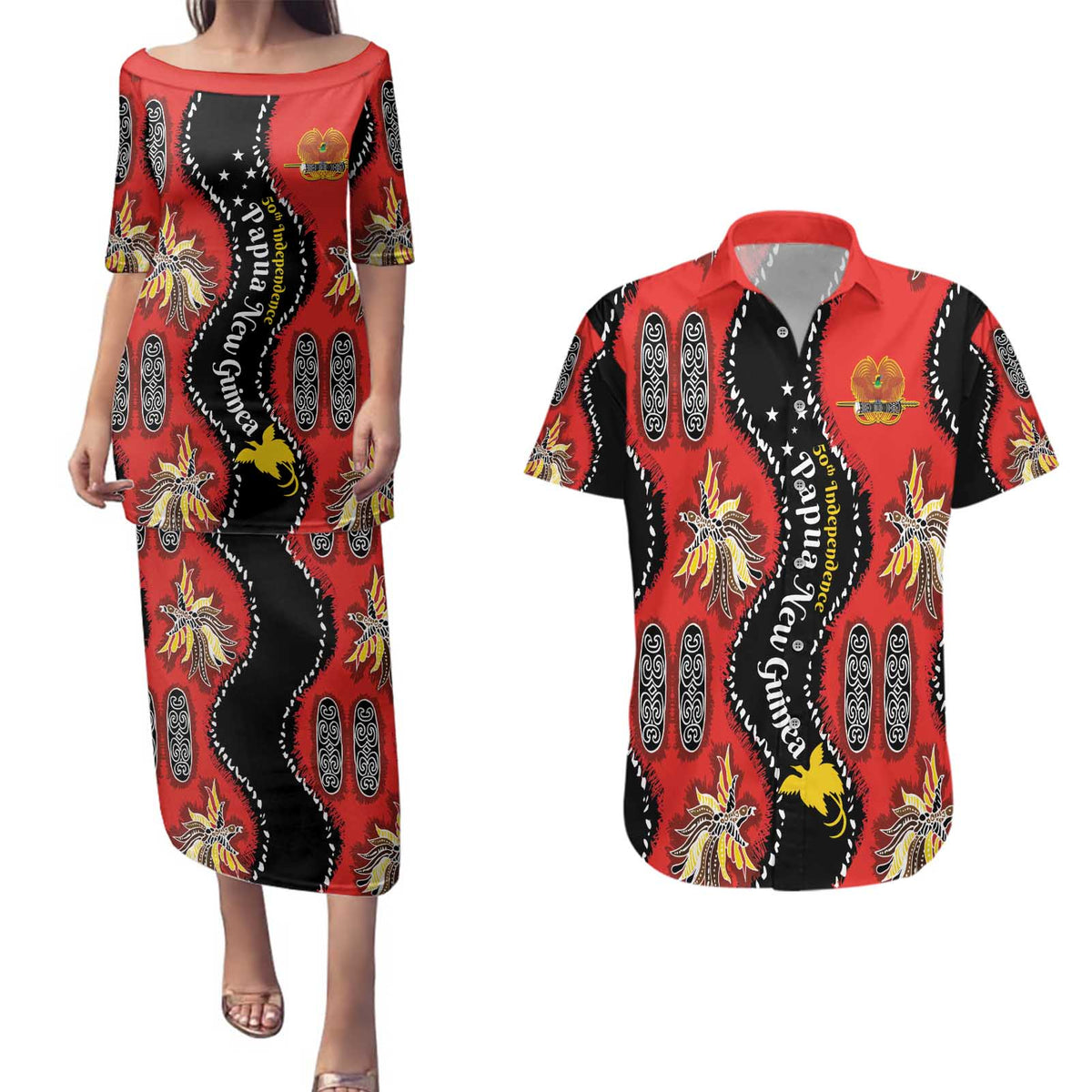 Papua New Guinea 50th Independence Couples Matching Puletasi and Hawaiian Shirt PNG Batik Pattern - Polynesian Pride