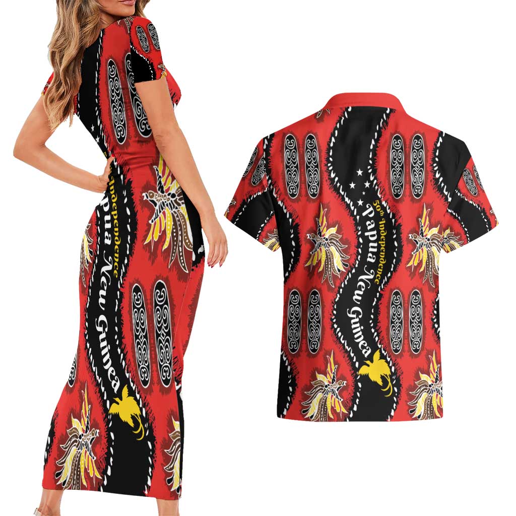 Papua New Guinea 50th Independence Couples Matching Short Sleeve Bodycon Dress and Hawaiian Shirt PNG Batik Pattern - Polynesian Pride