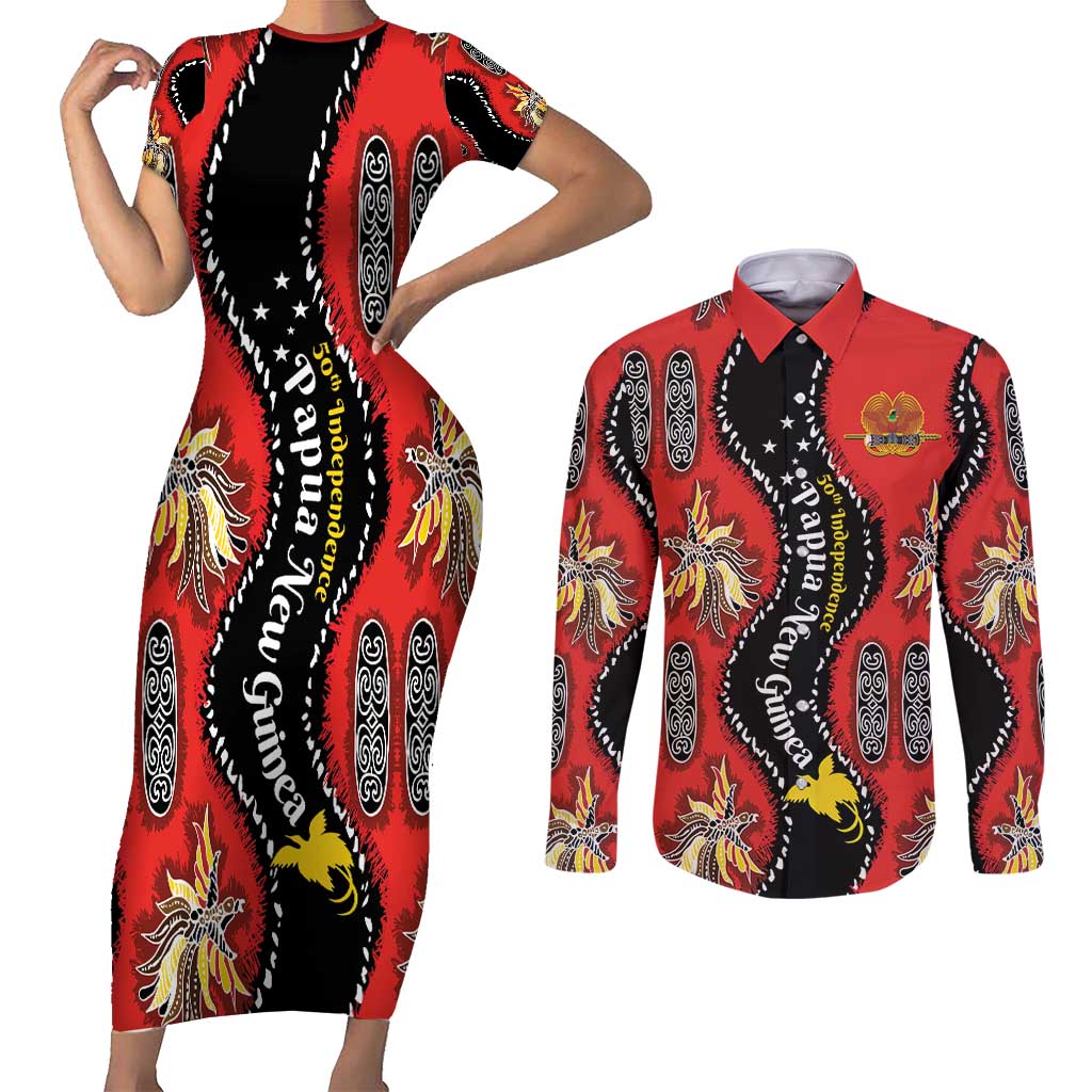 Papua New Guinea 50th Independence Couples Matching Short Sleeve Bodycon Dress and Long Sleeve Button Shirt PNG Batik Pattern - Polynesian Pride