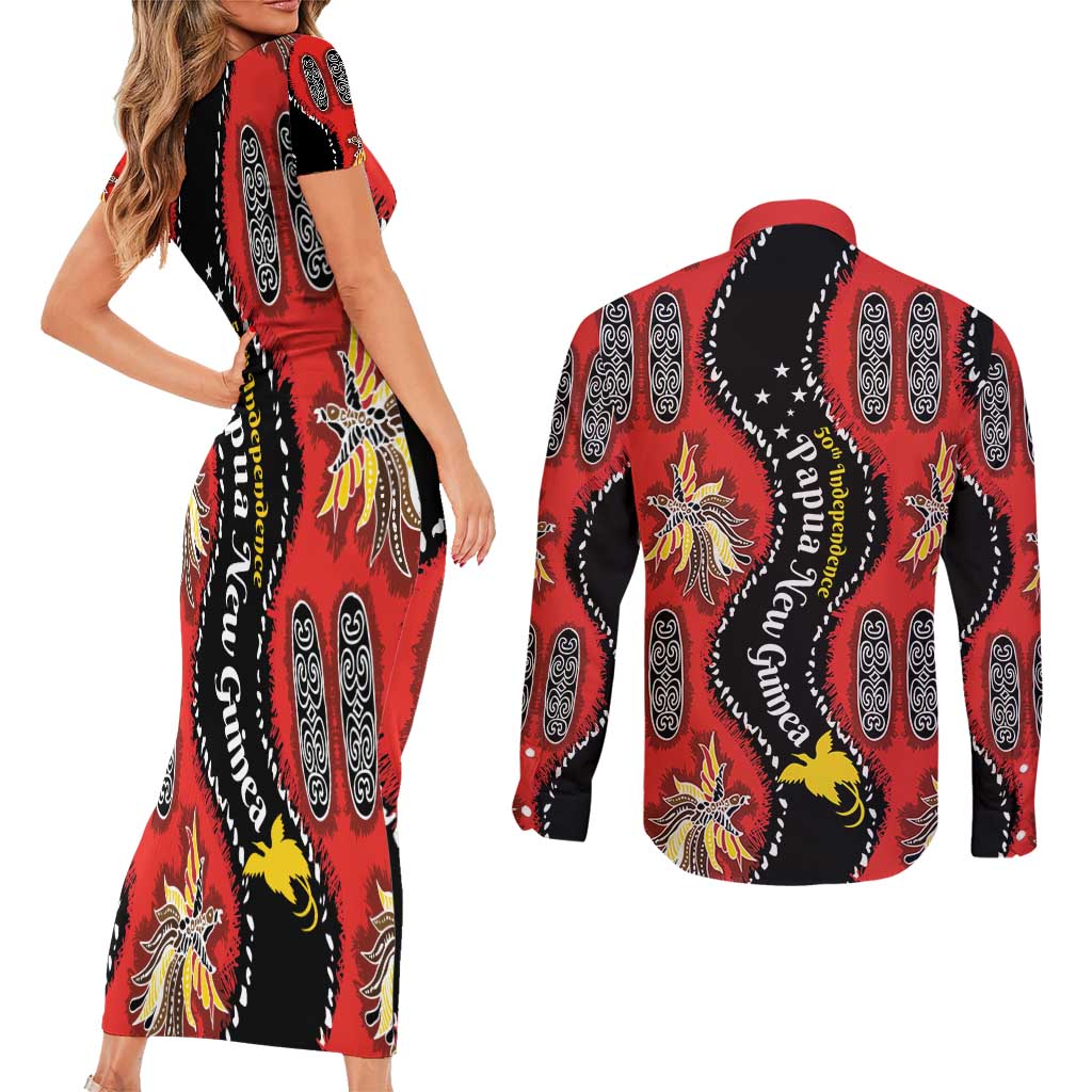 Papua New Guinea 50th Independence Couples Matching Short Sleeve Bodycon Dress and Long Sleeve Button Shirt PNG Batik Pattern - Polynesian Pride