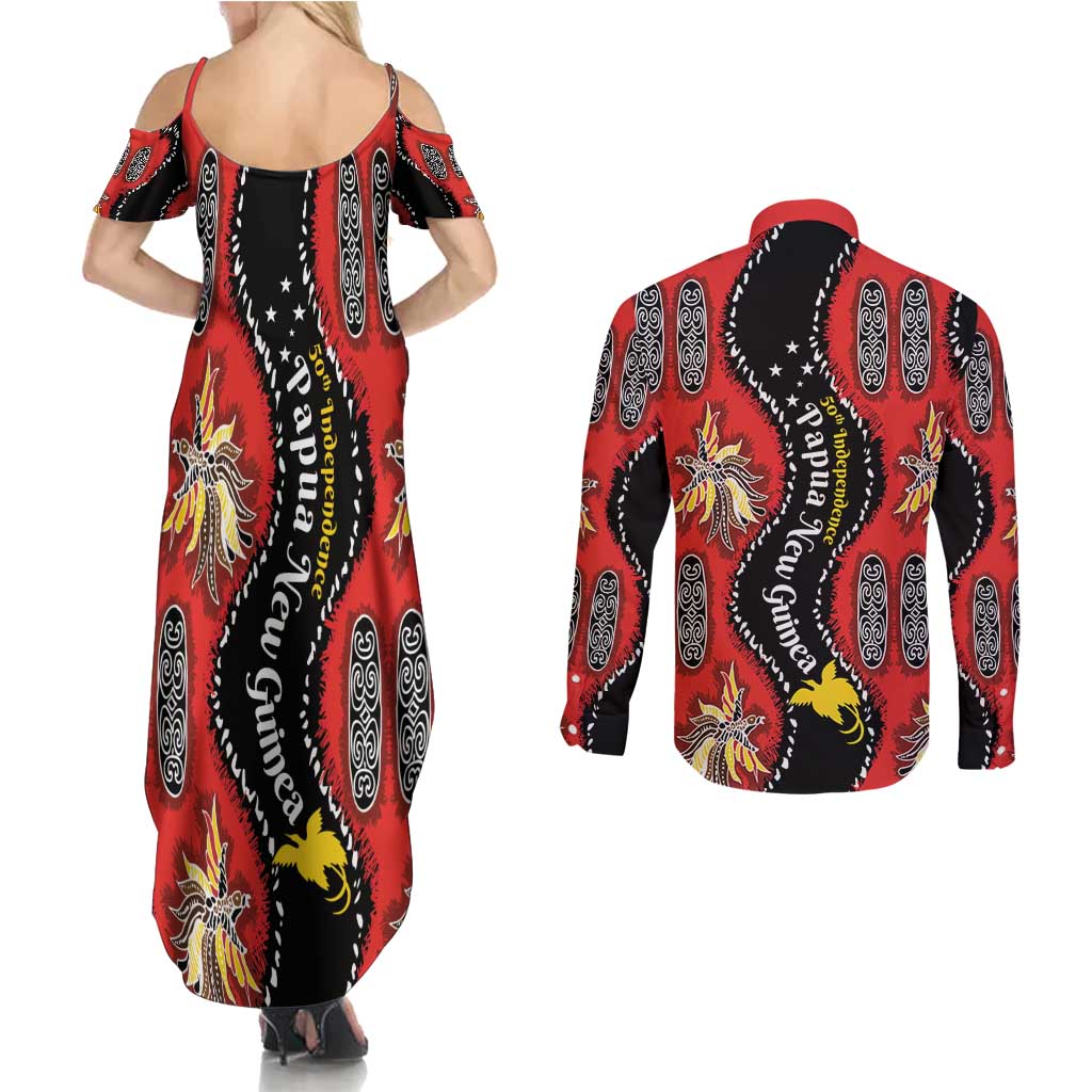 Papua New Guinea 50th Independence Couples Matching Summer Maxi Dress and Long Sleeve Button Shirt PNG Batik Pattern - Polynesian Pride