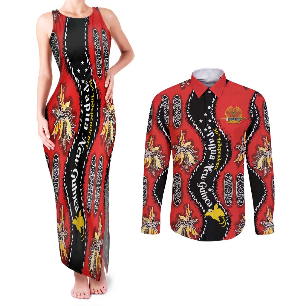 Papua New Guinea 50th Independence Couples Matching Tank Maxi Dress and Long Sleeve Button Shirt PNG Batik Pattern - Polynesian Pride