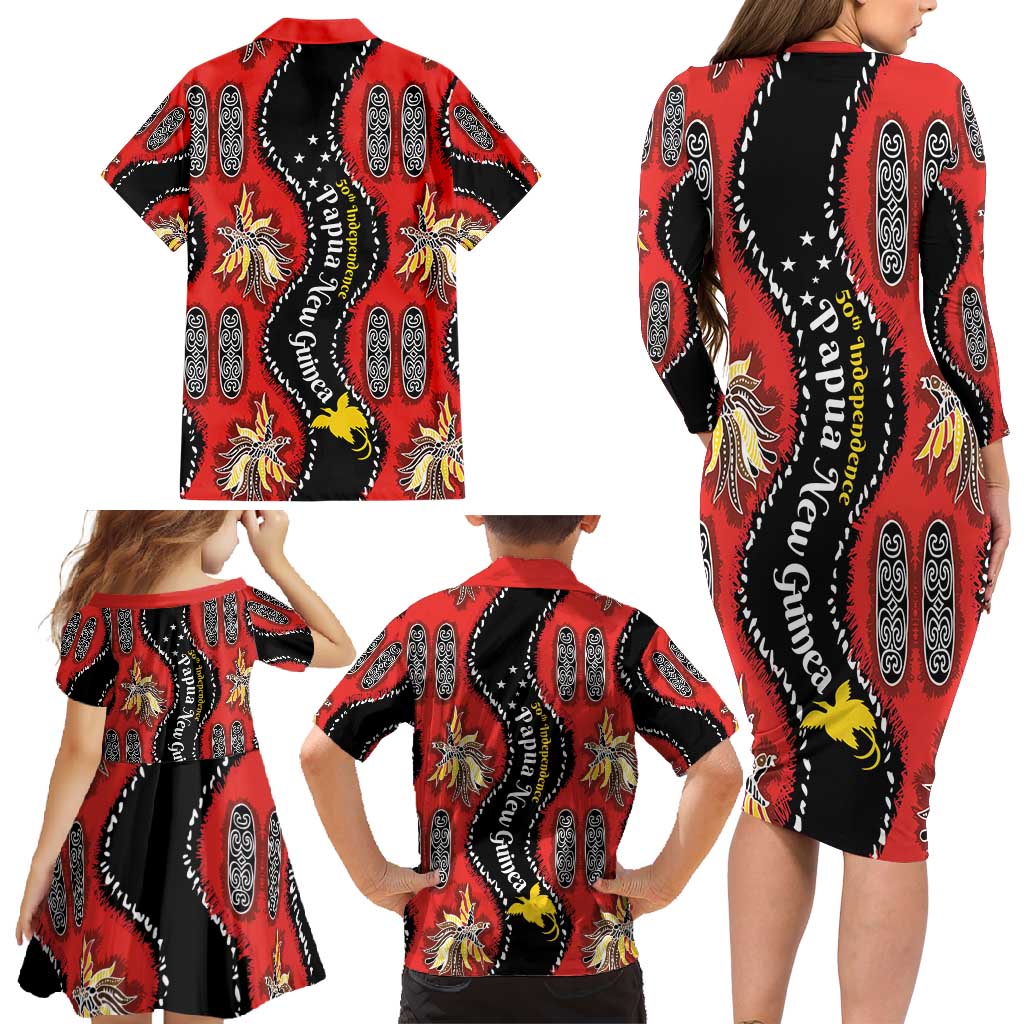 Papua New Guinea 50th Independence Family Matching Long Sleeve Bodycon Dress and Hawaiian Shirt PNG Batik Pattern - Polynesian Pride